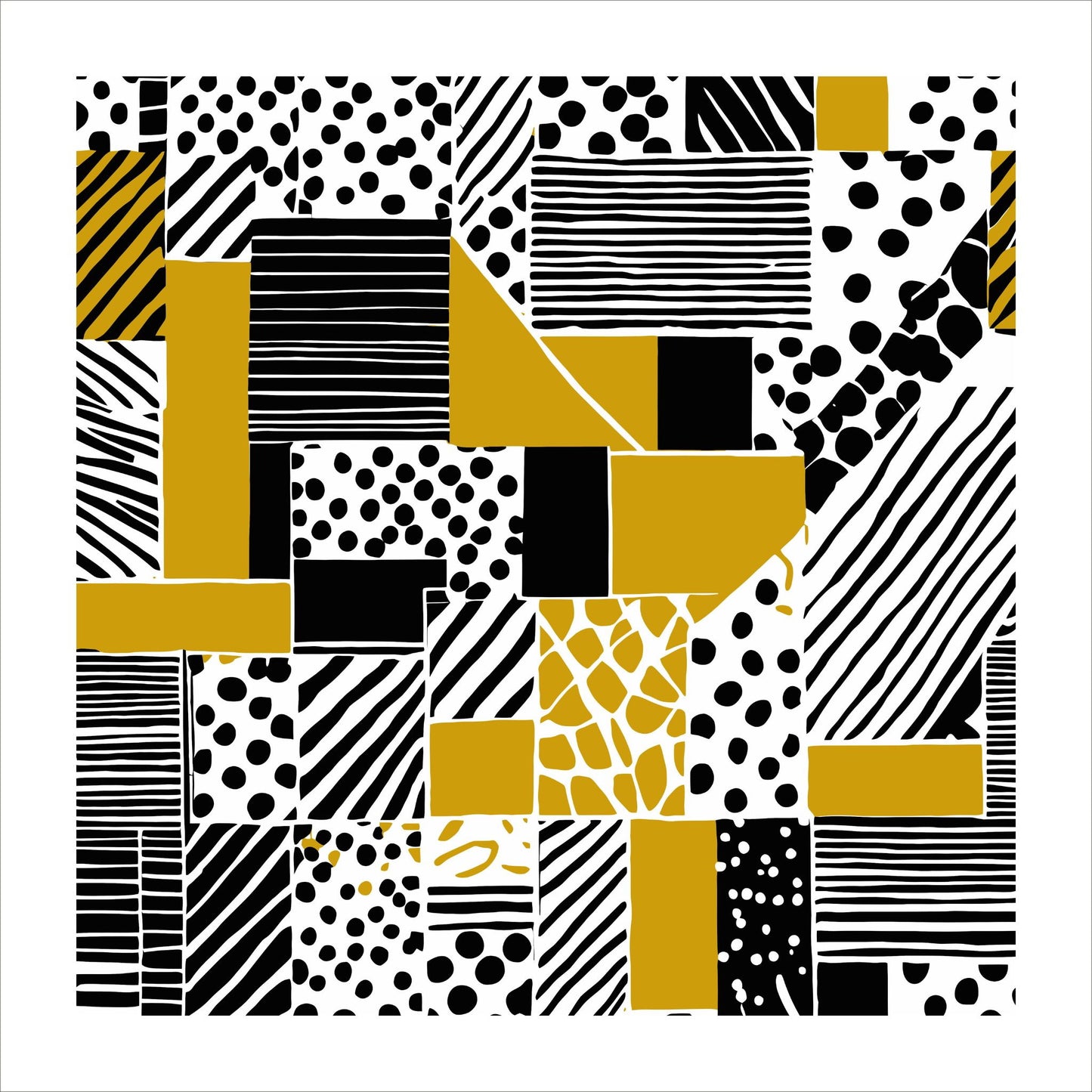 Kvadratisk plakat med abstrakt mønster i fargene oker, sort og hvit. Det er en hvit kant rundt plakaten