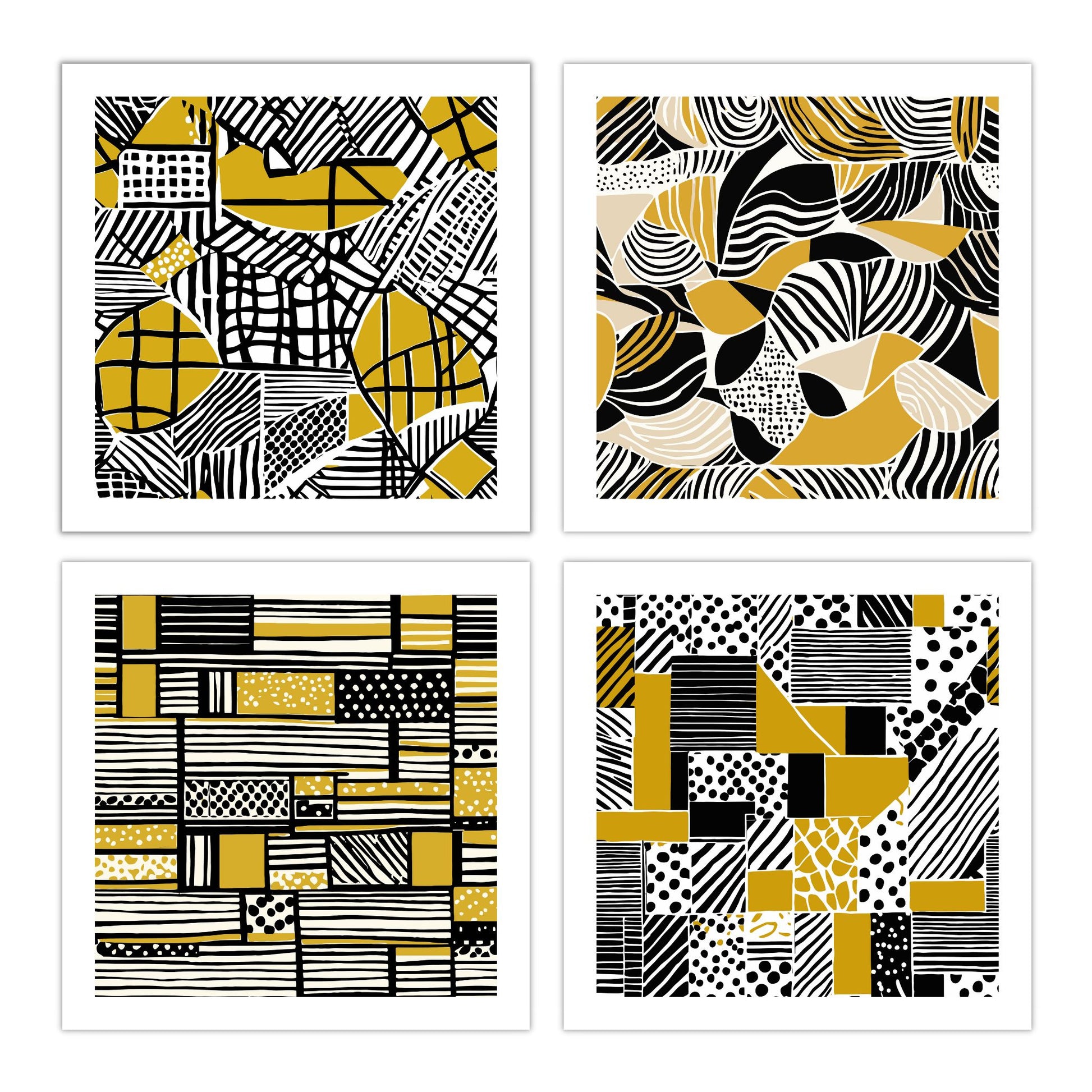 Kvadratiske plakater med abstrakt mønster i fargene oker, sort og hvit. Det er en hvit kant rundt plakaten. Serien består av 4 bilder som kan kjøpes hver for seg eller samlet.