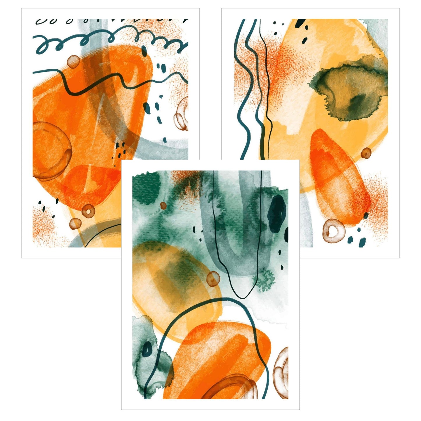 3 grafiske kunst plakater med abstrakt mønster. Fargenyanser i oransje og grønn på hvit bunn. 