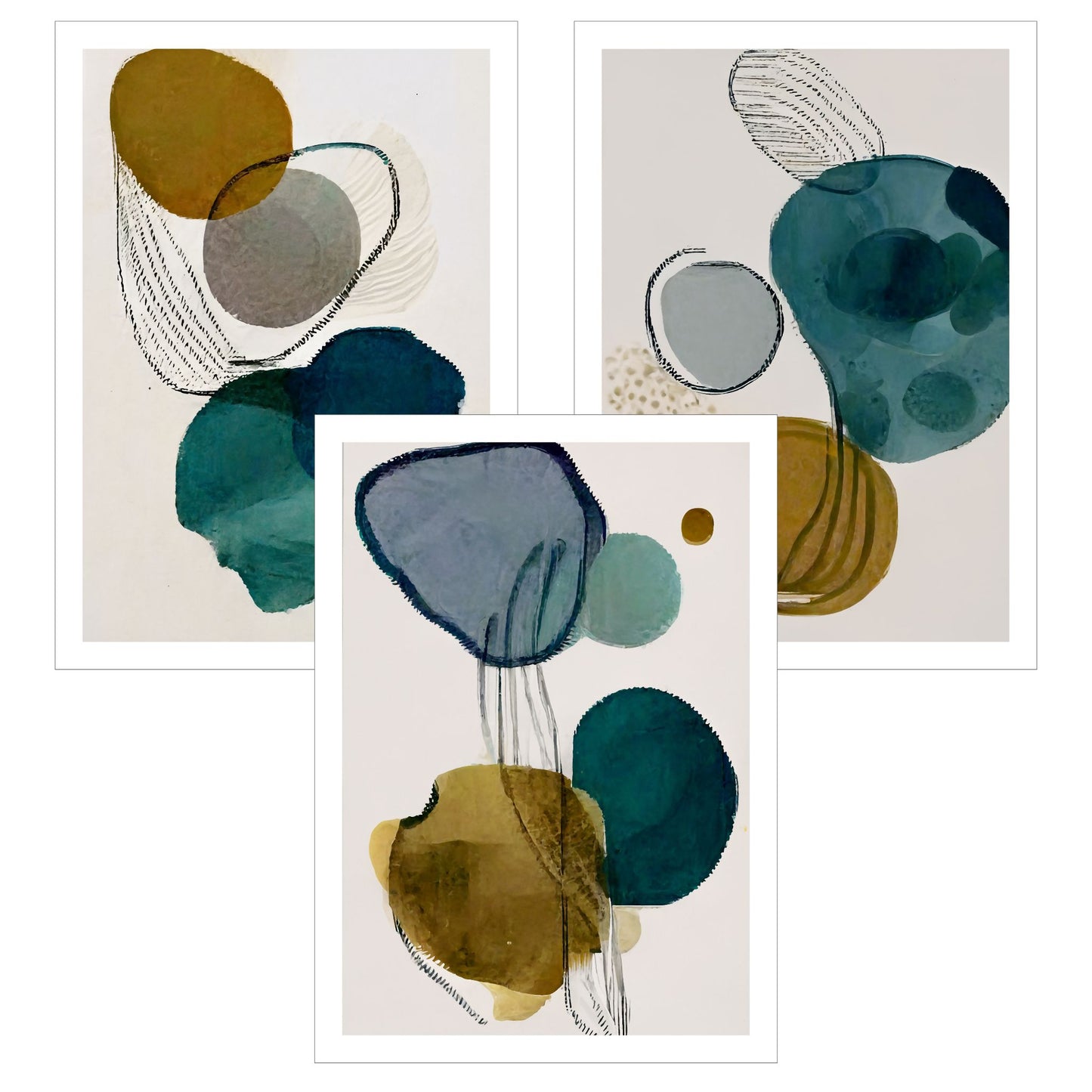 Serie med 3 kunst plakater med abstrakt mønster. Fargenyanser i svart, blå, grønn, brun og grå.
