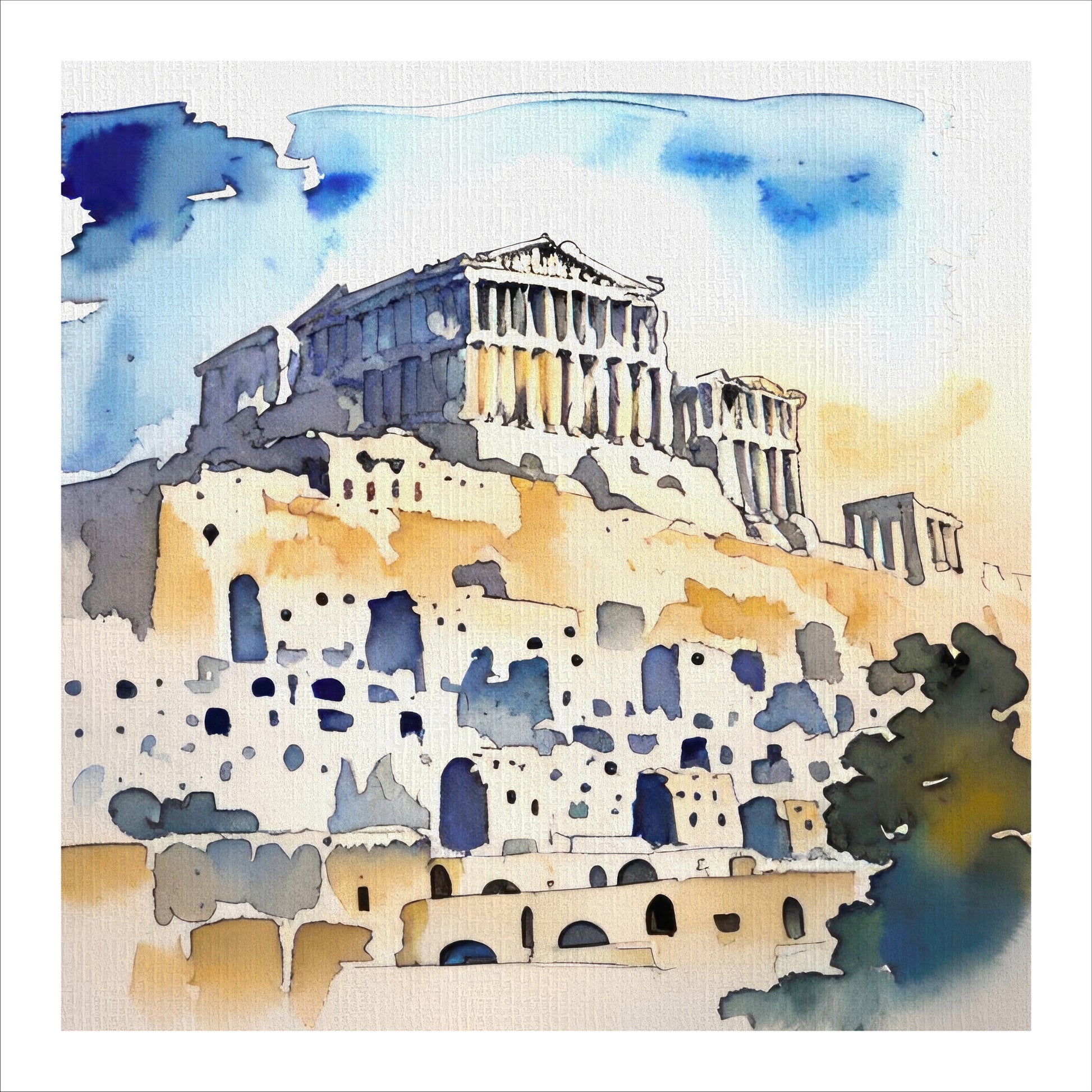 Kvadratisk akvarell i grafisk trykk av Akropolis. Motivet er i duse vannfarger i blått, hvitt, beige og mørk grå.