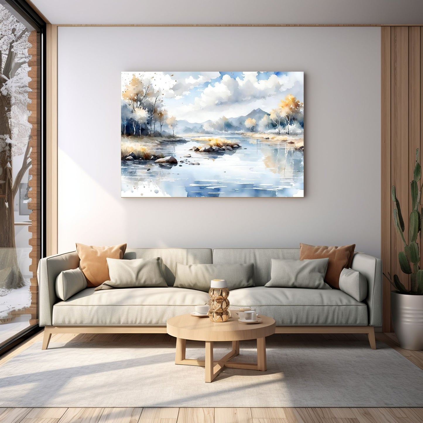 Digitalt kunstmaleri i akvarell som fanger essensen av en magisk høstdag, med et blendende landskap av skiftende løvverk, majestetiske trær og en sakteflytende elv. Illustrasjonsfoto viser motivet på lerret som henger over en sofa.