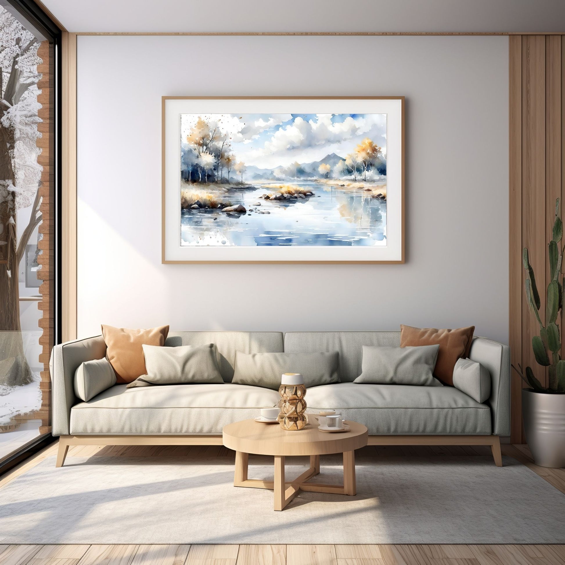 Digitalt kunstmaleri i akvarell som fanger essensen av en magisk høstdag, med et blendende landskap av skiftende løvverk, majestetiske trær og en sakteflytende elv. Illustrasjonsfoto viser motivet som plakat i en ramme som henger over en sofa.