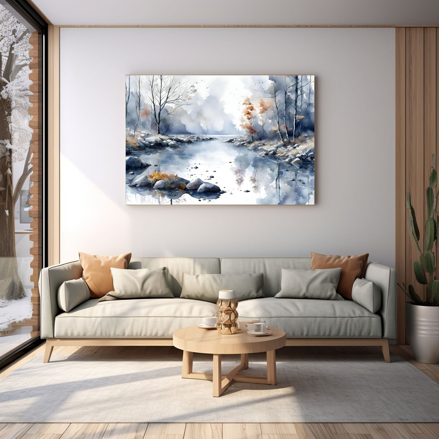 Digitalt kunstmaleri i akvarell som fanger essensen av en magisk høstdag, med et blendende landskap av skiftende løvverk, og en sakteflytende elv. Illustrasjonsfoto viser motivet på lerret som henger over en sofa.