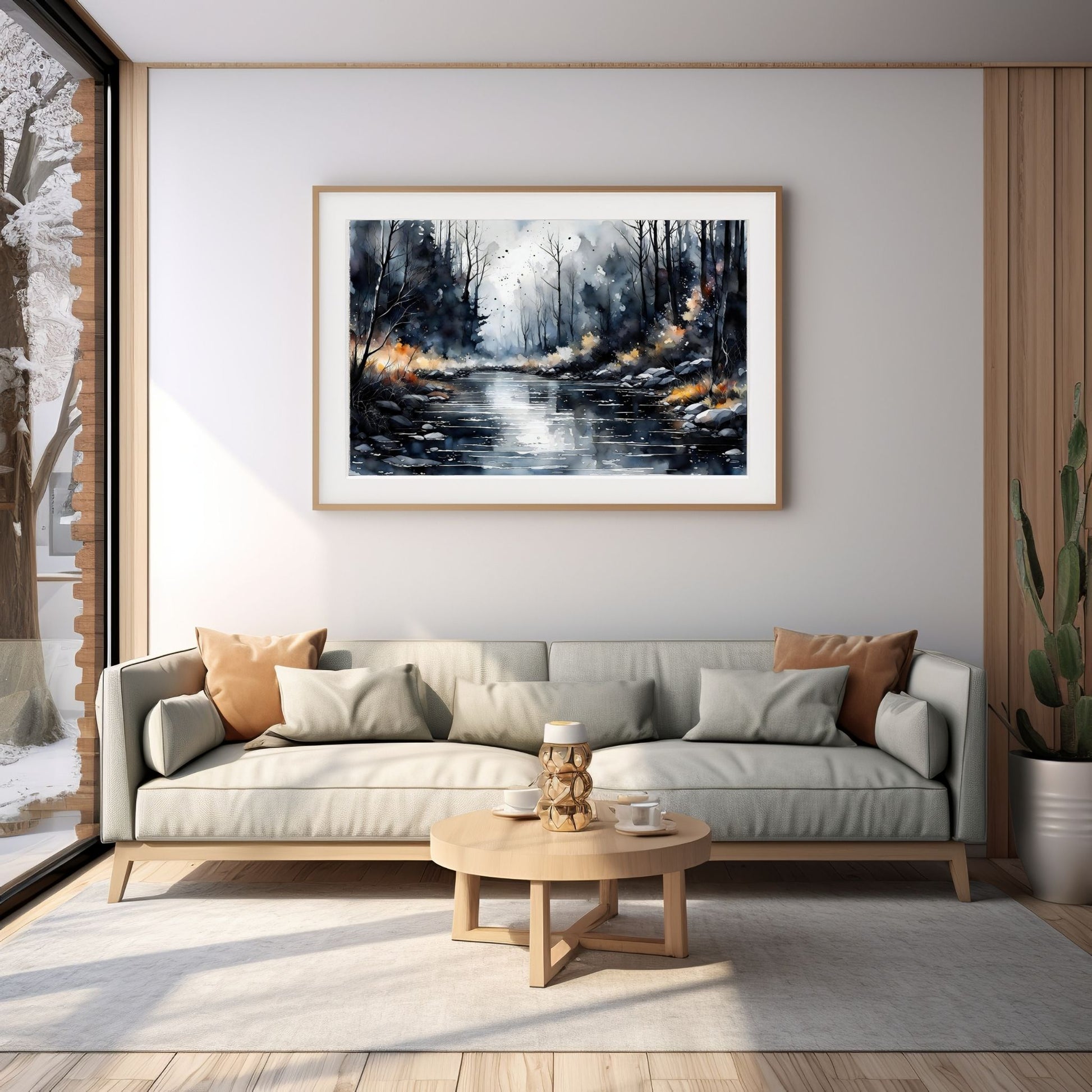 Digitalt kunstmaleri i akvarell som fanger essensen av en magisk høstdag, med et blendende landskap av skiftende løvverk, og en sakteflytende elv.  Illustrasjonsfoto viser motivet som plakat i en ramme som henger over en sofa.