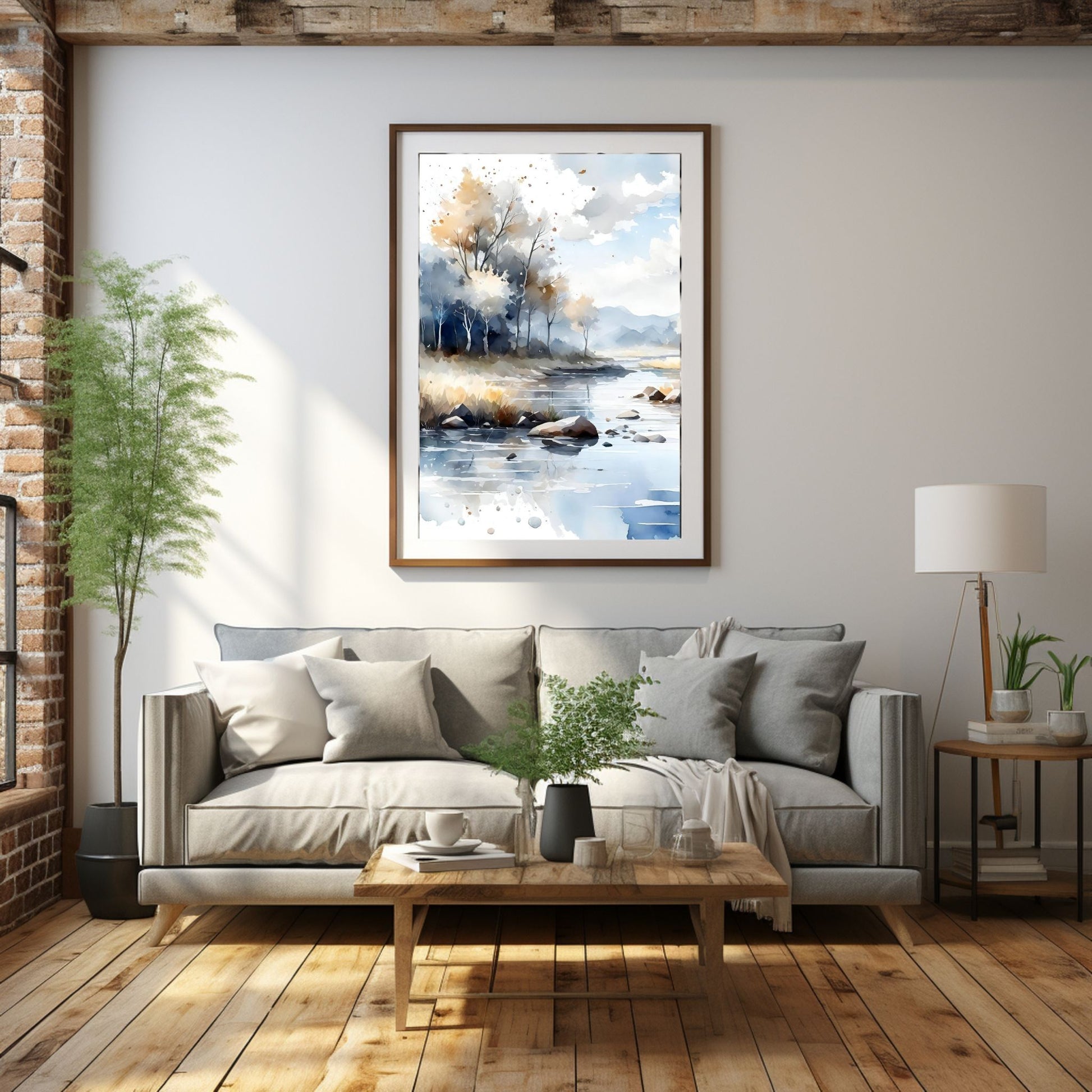 Digitalt kunstmaleri i akvarell som fanger essensen av en magisk høstdag, med et blendende landskap av skiftende løvverk, og en sakteflytende elv.  Illustrasjonsfoto viser motivet som plakat i en ramme som henger over en sofa.