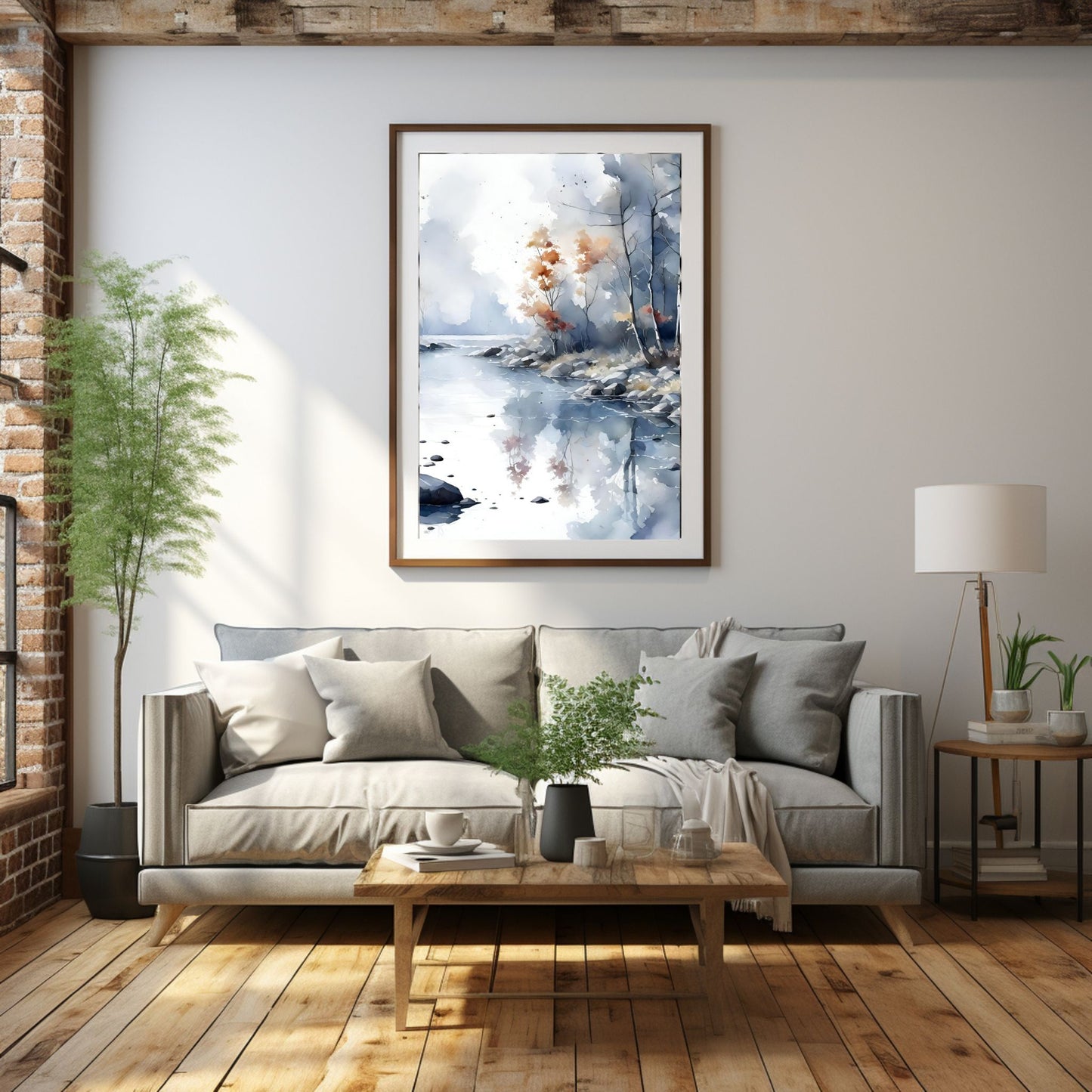 Digitalt kunstmaleri i akvarell som fanger essensen av en magisk høstdag, med et blendende landskap av skiftende løvverk, og en sakteflytende elv.  Illustrasjonsfoto viser motivet som plakat i en ramme som henger over en sofa.