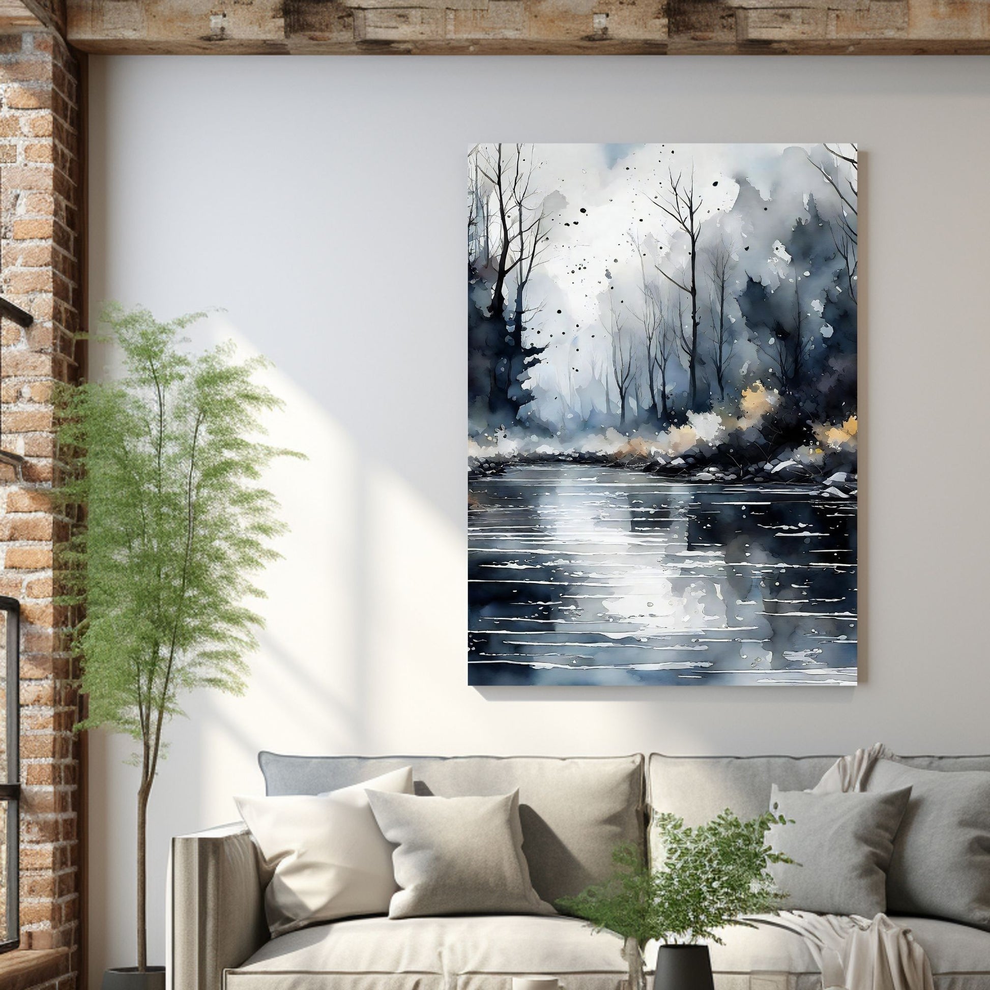 Digitalt kunstmaleri i akvarell som fanger essensen av en magisk høstdag, med et blendende landskap av skiftende løvverk, og en sakteflytende elv. Illustrasjonsfoto viser motivet på lerret som henger over en sofa.