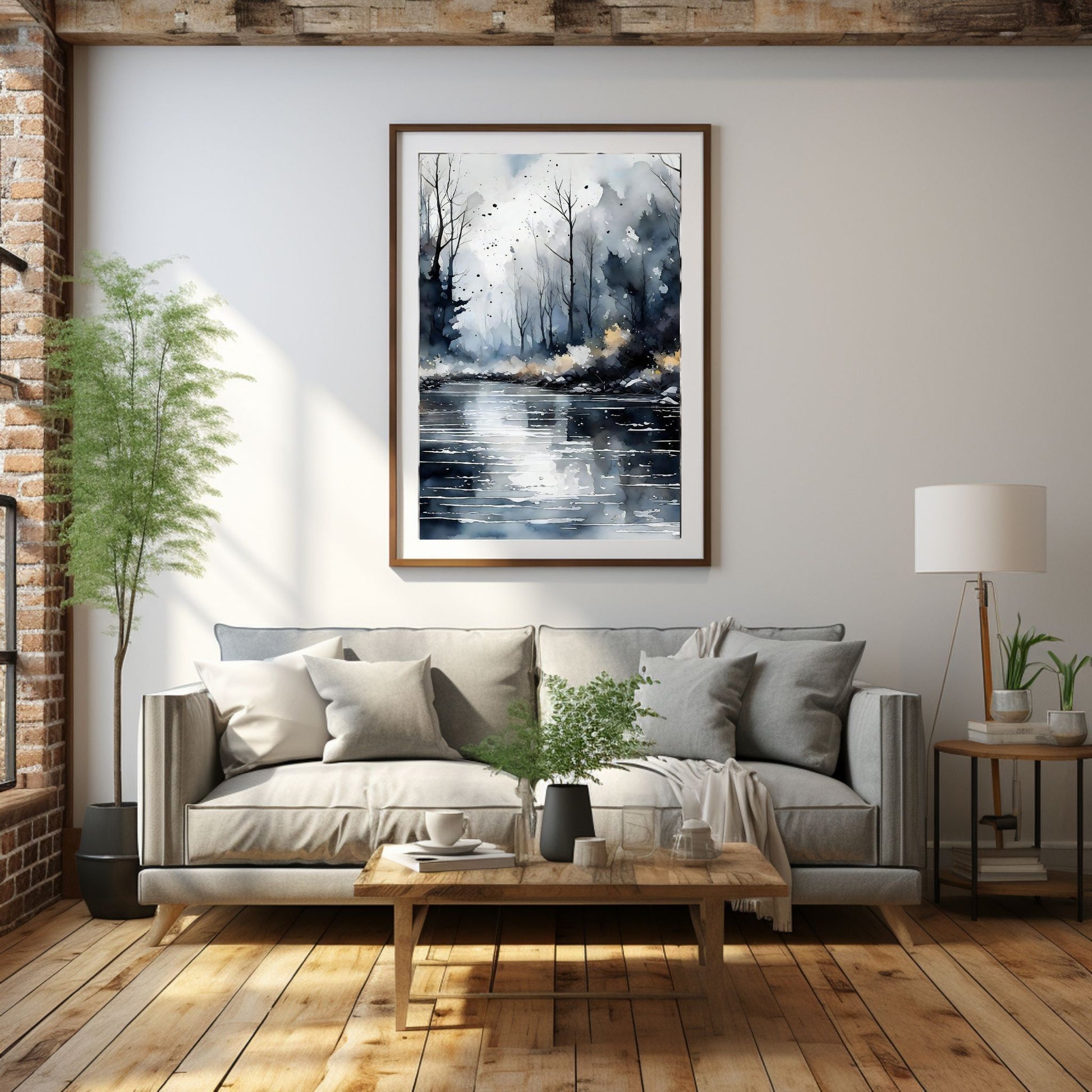Digitalt kunstmaleri i akvarell som fanger essensen av en magisk høstdag, med et blendende landskap av skiftende løvverk, og en sakteflytende elv.  Illustrasjonsfoto viser motivet som plakat i en ramme som henger over en sofa.