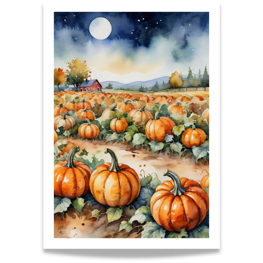 “Autumn Night” viser en stille høstnatt over gresskaråkeren, der månen lyser over gården i det fjerne.