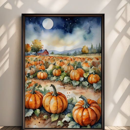 “Autumn Night” viser en stille høstnatt over gresskaråkeren, der månen lyser over gården i det fjerne. Illustrasjon viser plakat uten hvit kant i sort ramme.