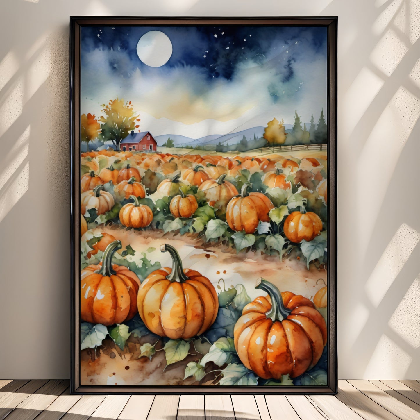 “Autumn Night” viser en stille høstnatt over gresskaråkeren, der månen lyser over gården i det fjerne. Illustrasjon viser plakat uten hvit kant i sort ramme.