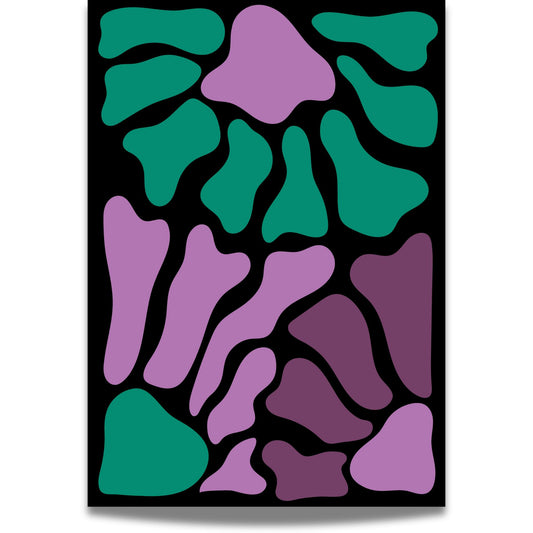 Abstract Bloom – en moderne abstrakt plakat inspirert av naturens organiske mønstre. De flytende, dristige formene i dype lilla- og grønnfarger mot en kontrastfylt sort bakgrunn skaper et levende, men harmonisk uttrykk som tilfører personlighet til ethvert rom.