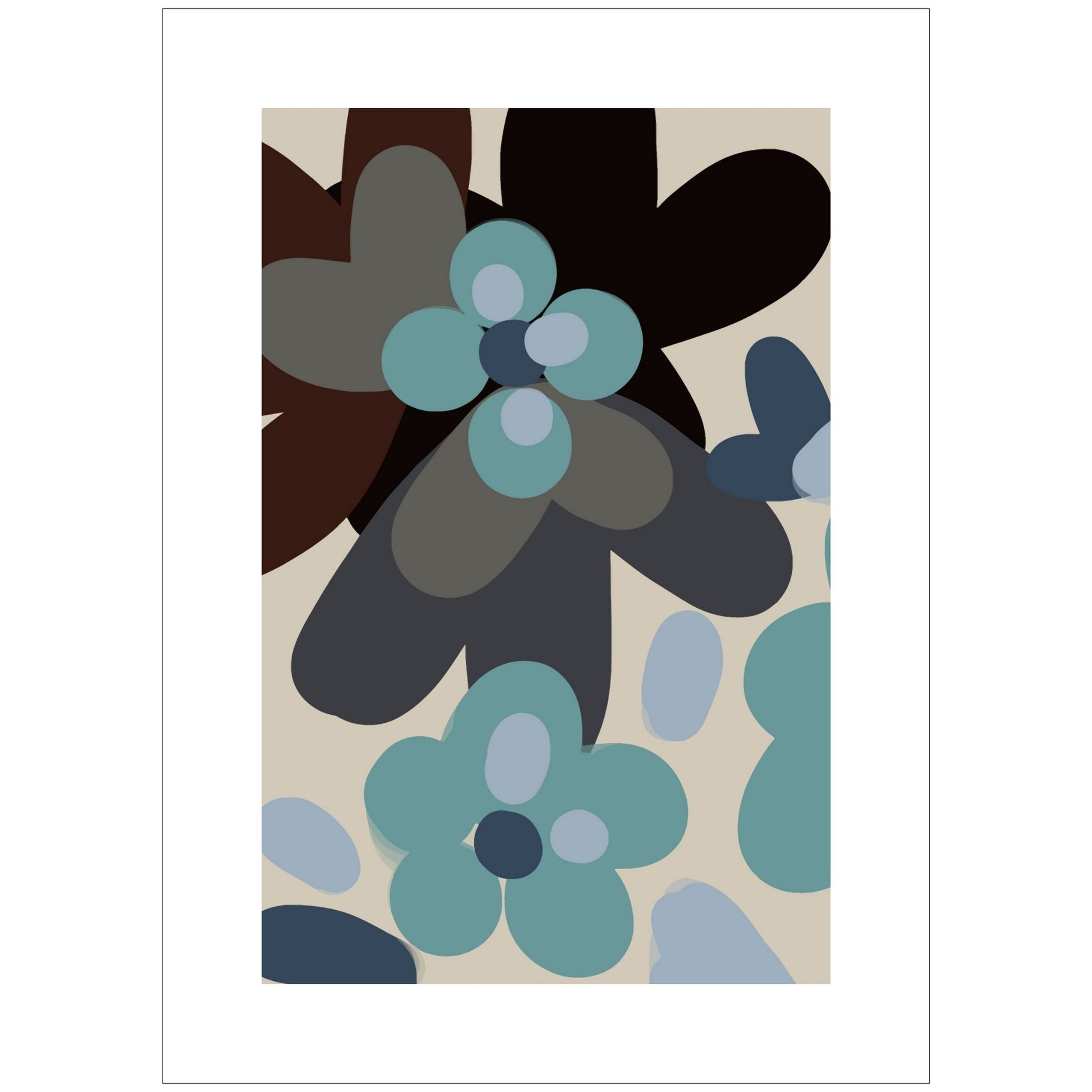 Abstrakt Flowers No1 - grafisk plakat i blått, sort, burgunder, petrol og beige fargetoner. Plakaten har en bred hvit kant som gir dybde og fremhever bildet.