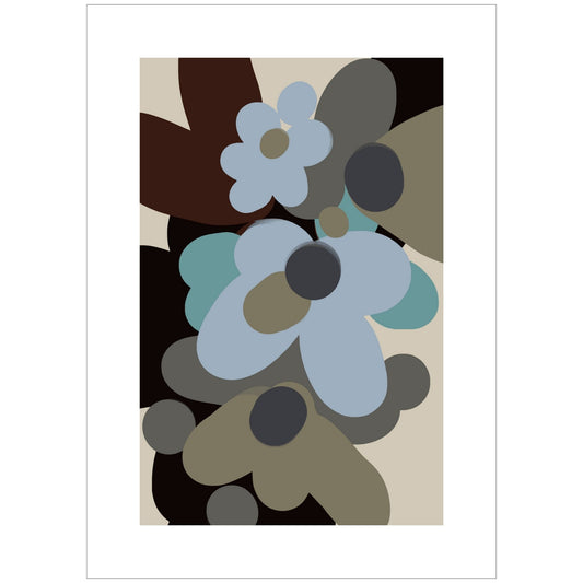Abstrakt Flowers No2 - grafisk plakat i blått, sort, burgunder, petrol og beige fargetoner. Plakaten har en bred hvit kant som gir dybde og fremhever bildet.