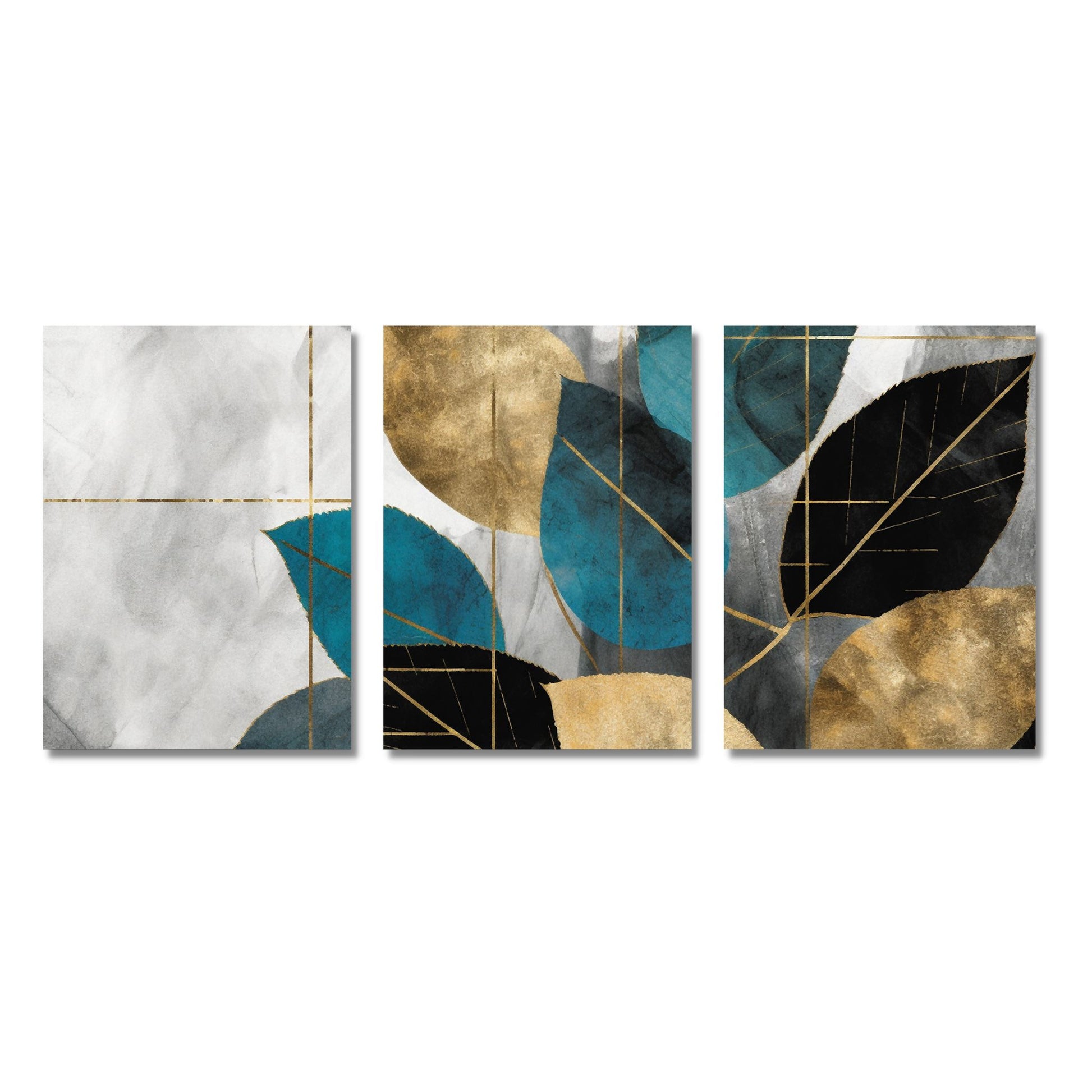 Abstract Leaves Collection består av 3 stk. grafiske print på lerret som danner ett motiv. Motivet består av blader i blårønn, sort og gull på en lys grå bakgrunn.