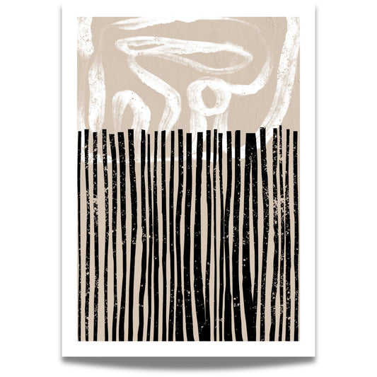 Abstract Lines – moderne kunstplakat har organiske, håndtegnede linjer og grafisk kontrast i sort, hvitt og beige. 