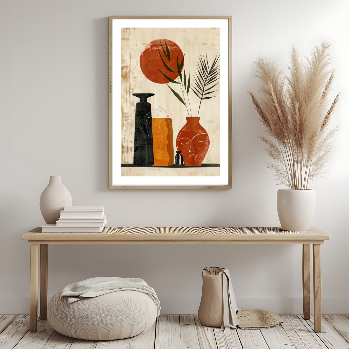 Dette moderne kunstverket kombinerer stiliserte vaser og botaniske elementer i varme jordfarger, med en subtil tekstur og minimalistisk design. Illustrasjonsfoto viser motivet som plakat med hvit kant; i ramme.
