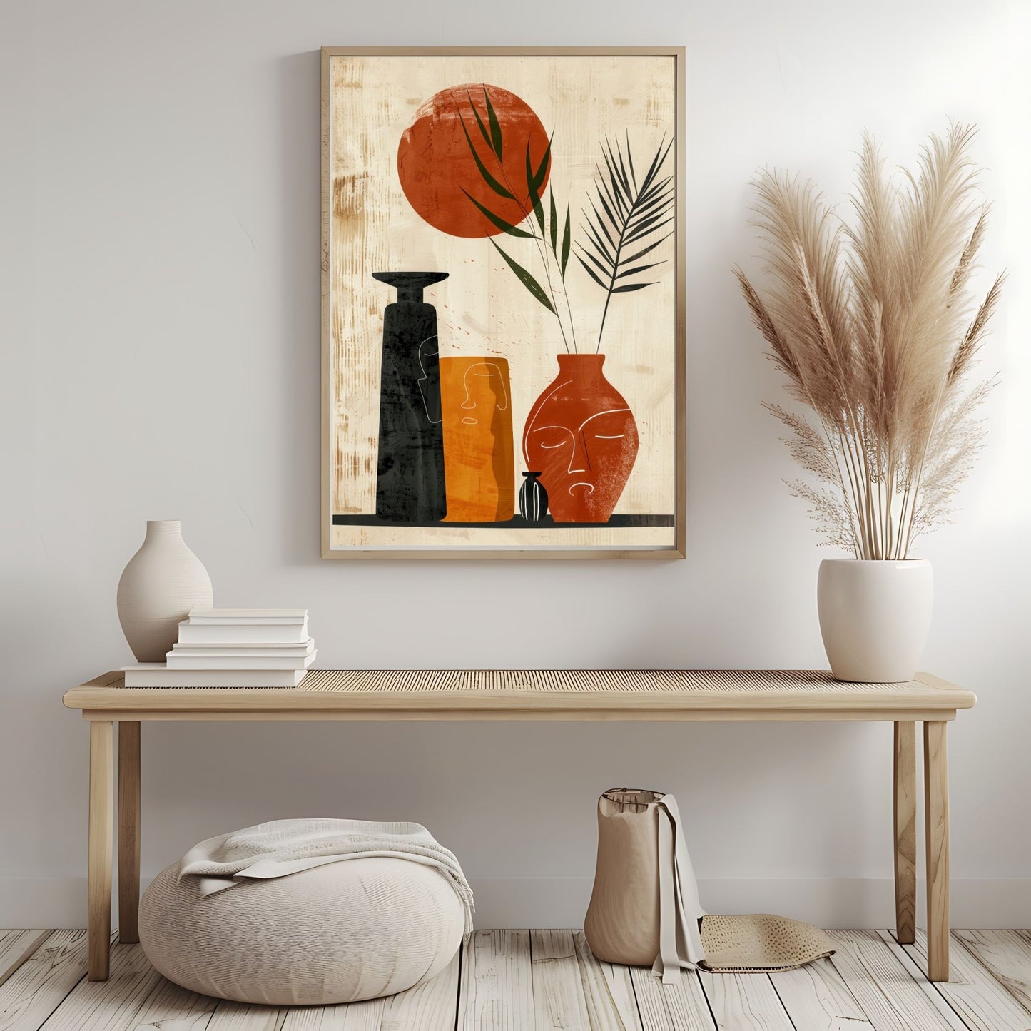 Dette moderne kunstverket kombinerer stiliserte vaser og botaniske elementer i varme jordfarger, med en subtil tekstur og minimalistisk design. Illustrasjonsfoto viser motivet som plakat uten hvit kant; i ramme.