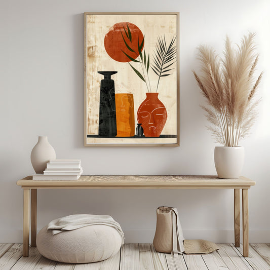 Dette moderne kunstverket kombinerer stiliserte vaser og botaniske elementer i varme jordfarger, med en subtil tekstur og minimalistisk design. Illustrasjonsfoto viser motivet som plakat uten hvit kant; i ramme.