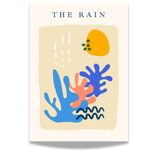 Inspirert av den ikoniske stilen til Henri Matisse, kombinerer denne plakaten lekne former og dristige farger for å skildre regn og elementer fra naturen.