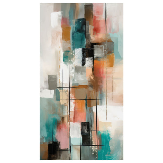 Grafisk motiv i pastell grønn, beige og oransje fargenyanser, på lerret.