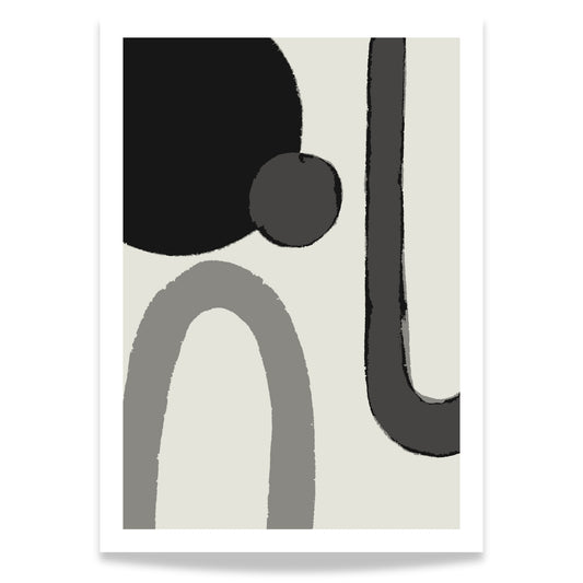 Dette moderne kunstverket fremhever flytende, geometriske former i monokrome gråtoner og svart, og skaper en harmonisk balanse mellom det kunstneriske og det minimalistiske.