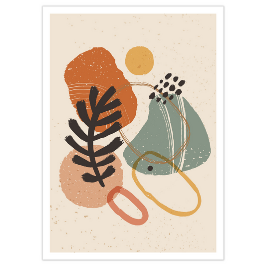 Abstrakte grafiske former i fargenyanser beige, rust, gul og grønn.