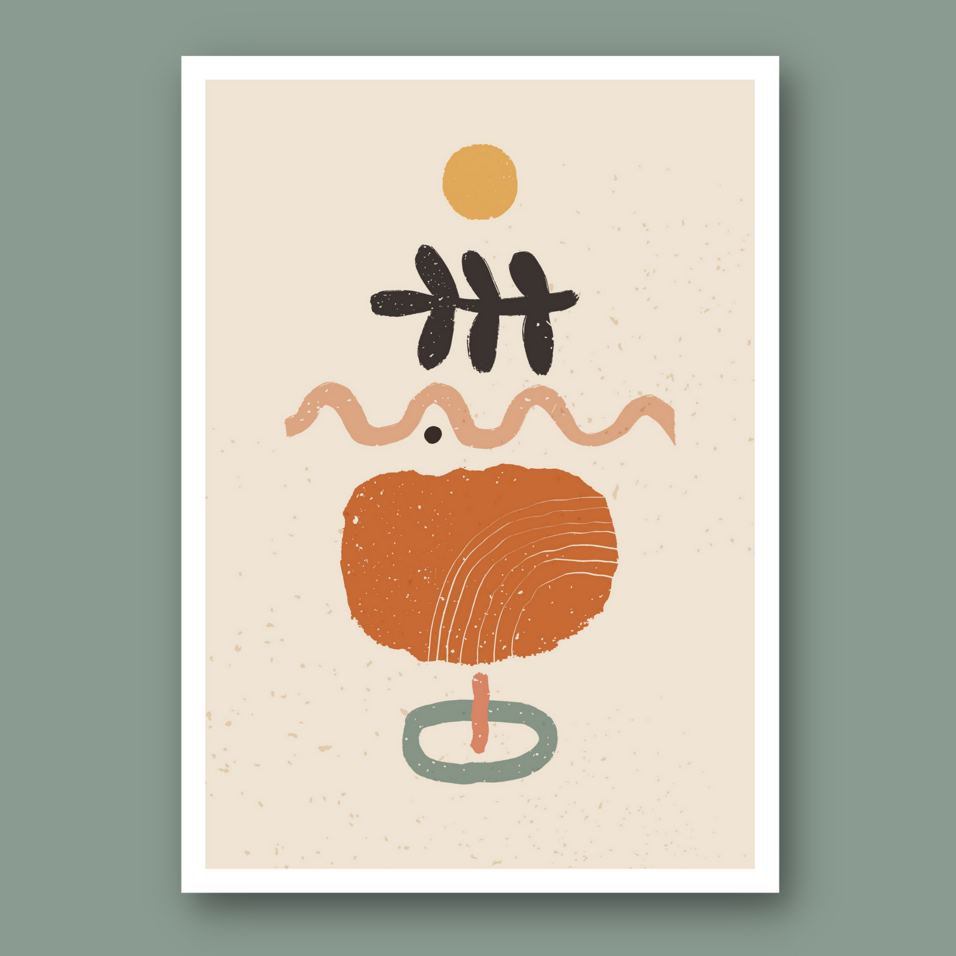 Abstrakte grafiske former i fargenyanser beige, rust, gul og grønn.