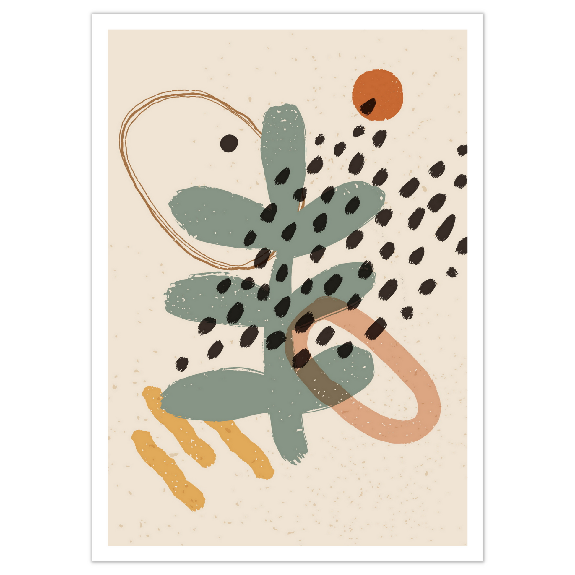 Abstrakte grafiske former i fargenyanser beige, rust, gul og grønn.