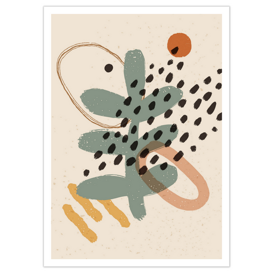 Abstrakte grafiske former i fargenyanser beige, rust, gul og grønn.