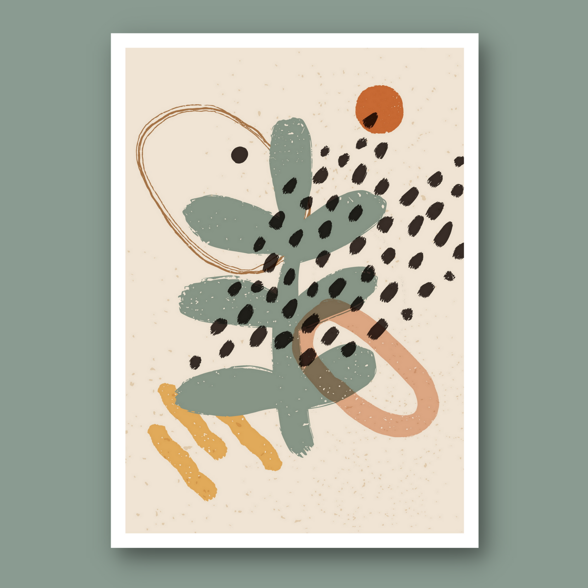 Abstrakte grafiske former i fargenyanser beige, rust, gul og grønn.