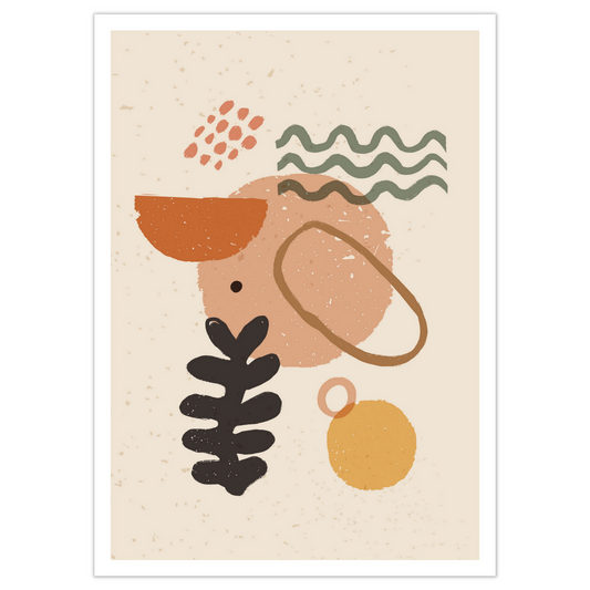 Abstrakte grafiske former i fargenyanser beige, rust, gul og grønn.