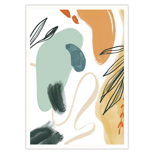 Grafisk kunst med abstrakt mønster. Fargenyanser i sort, hvit, blå, oker og grønn.