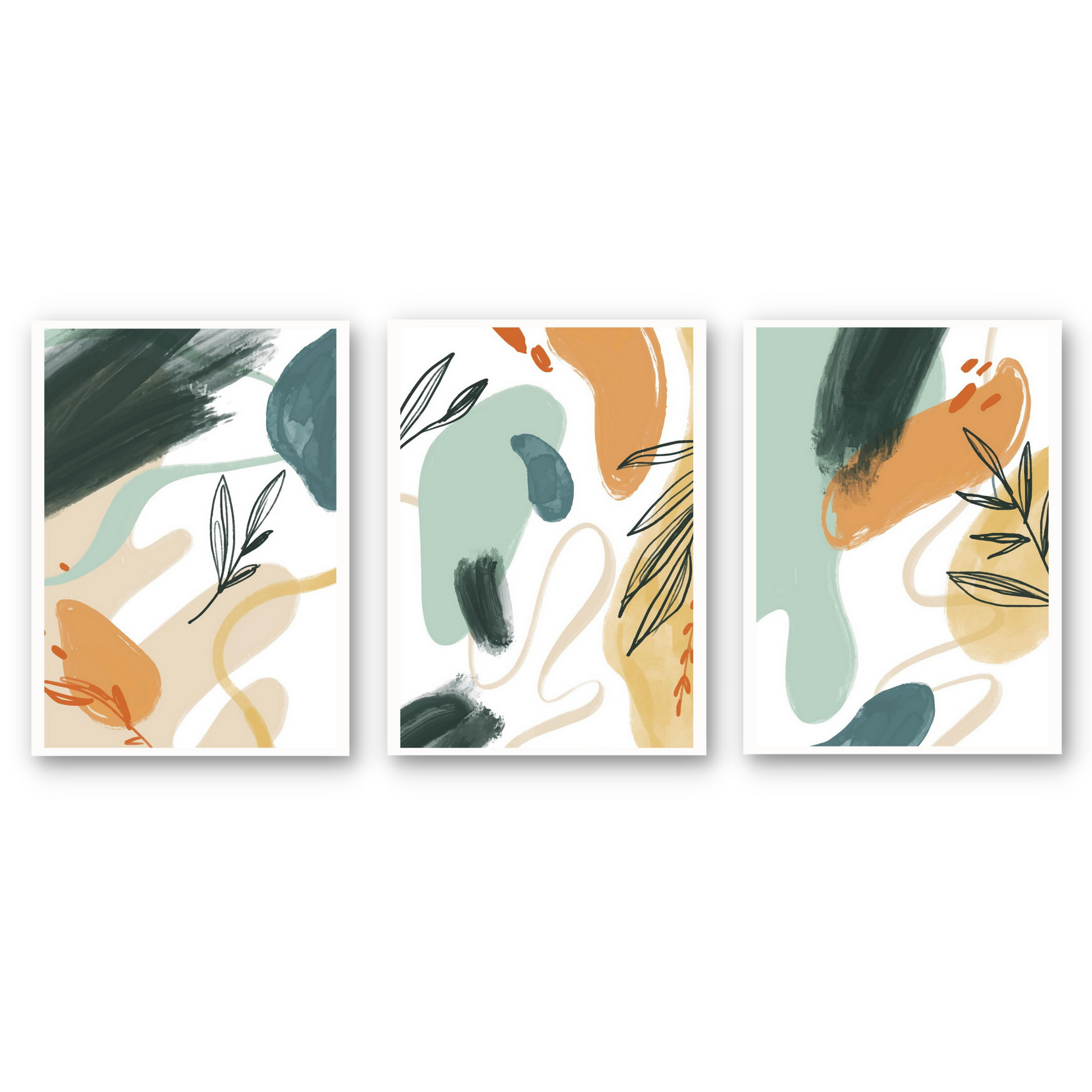 Grafisk kunst med abstrakt mønster i serie med 3 bilder. Fargenyanser i sort, hvit, blå, oker og grønn.