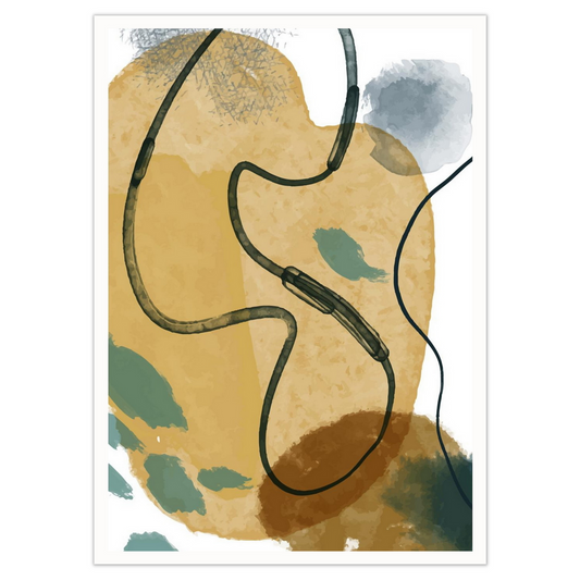 Grafisk kunst med abstrakt mønster. Fargenyanser i sort, hvit, blå, oker og grønn..