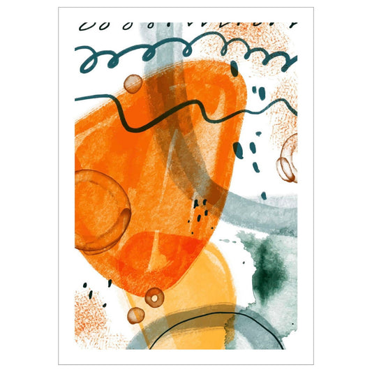 Grafisk kunst med abstrakt mønster. Fargenyanser i oransje og grønn på hvit bunn.