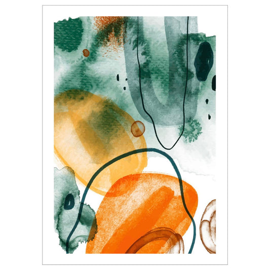 Grafisk kunst med abstrakt mønster. Fargenyanser i oransje og grønn på hvit bunn.