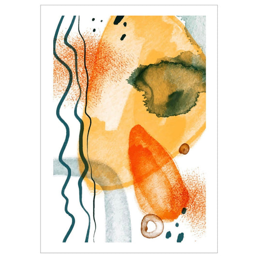 Grafisk kunst med abstrakt mønster. Fargenyanser i oransje og grønn på hvit bunn.