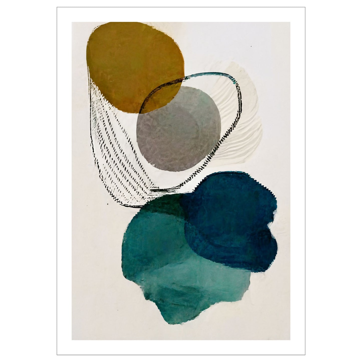 Grafisk kunst med abstrakt mønster. Fargenyanser i svart, blå, grønn, brun og grå. 