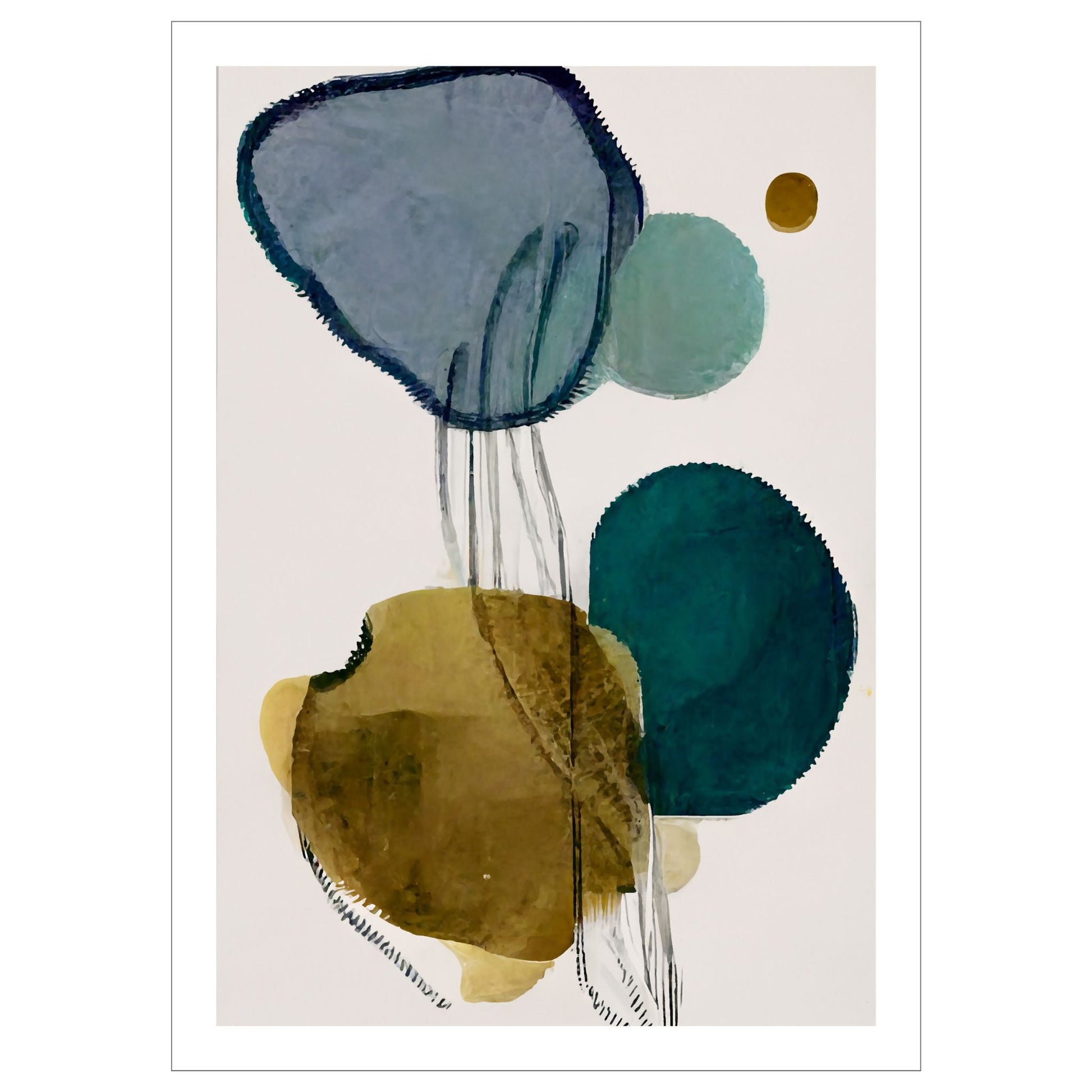 Grafisk kunst med abstrakt mønster. Fargenyanser i svart, blå, grønn, brun og grå. 