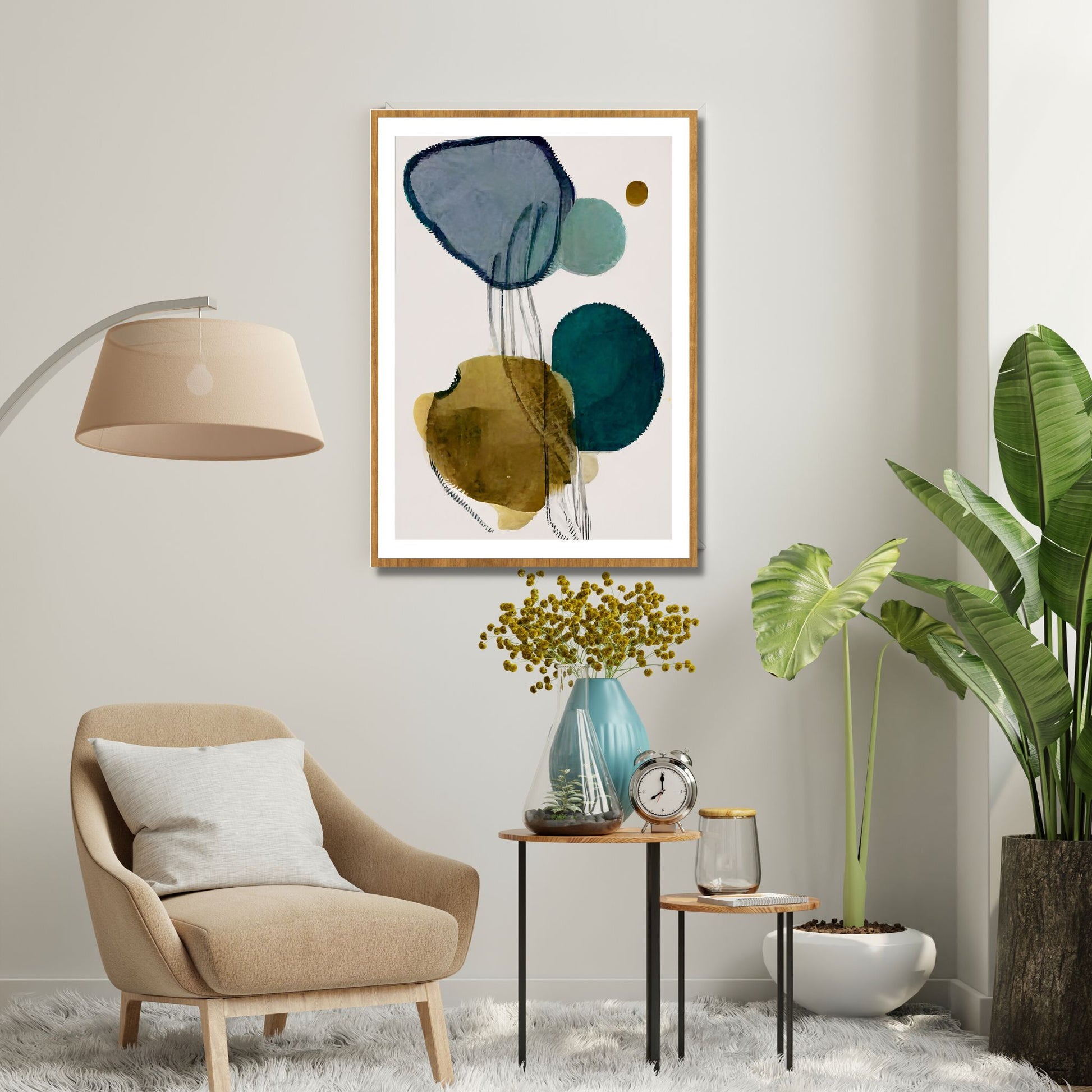 Grafisk kunst med abstrakt mønster. Fargenyanser i svart, blå, grønn, brun og grå. 