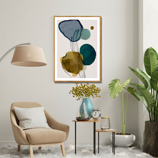 Grafisk kunst med abstrakt mønster. Fargenyanser i svart, blå, grønn, brun og grå. 