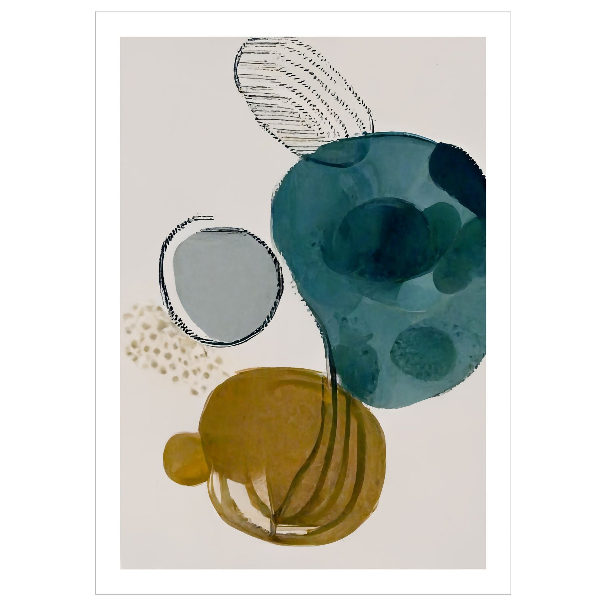Grafisk kunst med abstrakt mønster. Fargenyanser i svart, blå, grønn, brun og grå. 