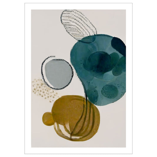 Grafisk kunst med abstrakt mønster. Fargenyanser i svart, blå, grønn, brun og grå. 