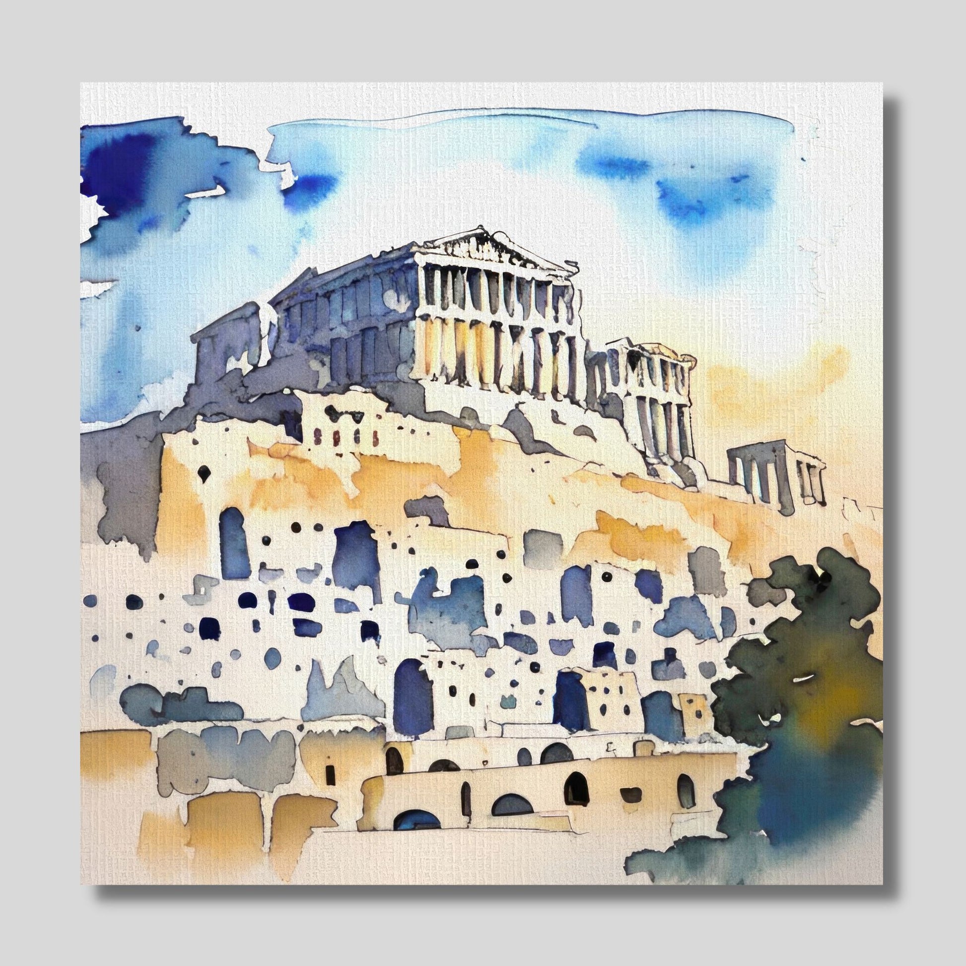 Kvadratisk akvarell i grafisk trykk av Akropolis. Motivet er i duse vannfarger i blått, hvitt, beige og mørk grå. På bildet henger motive på lerret på en lys vegg. 