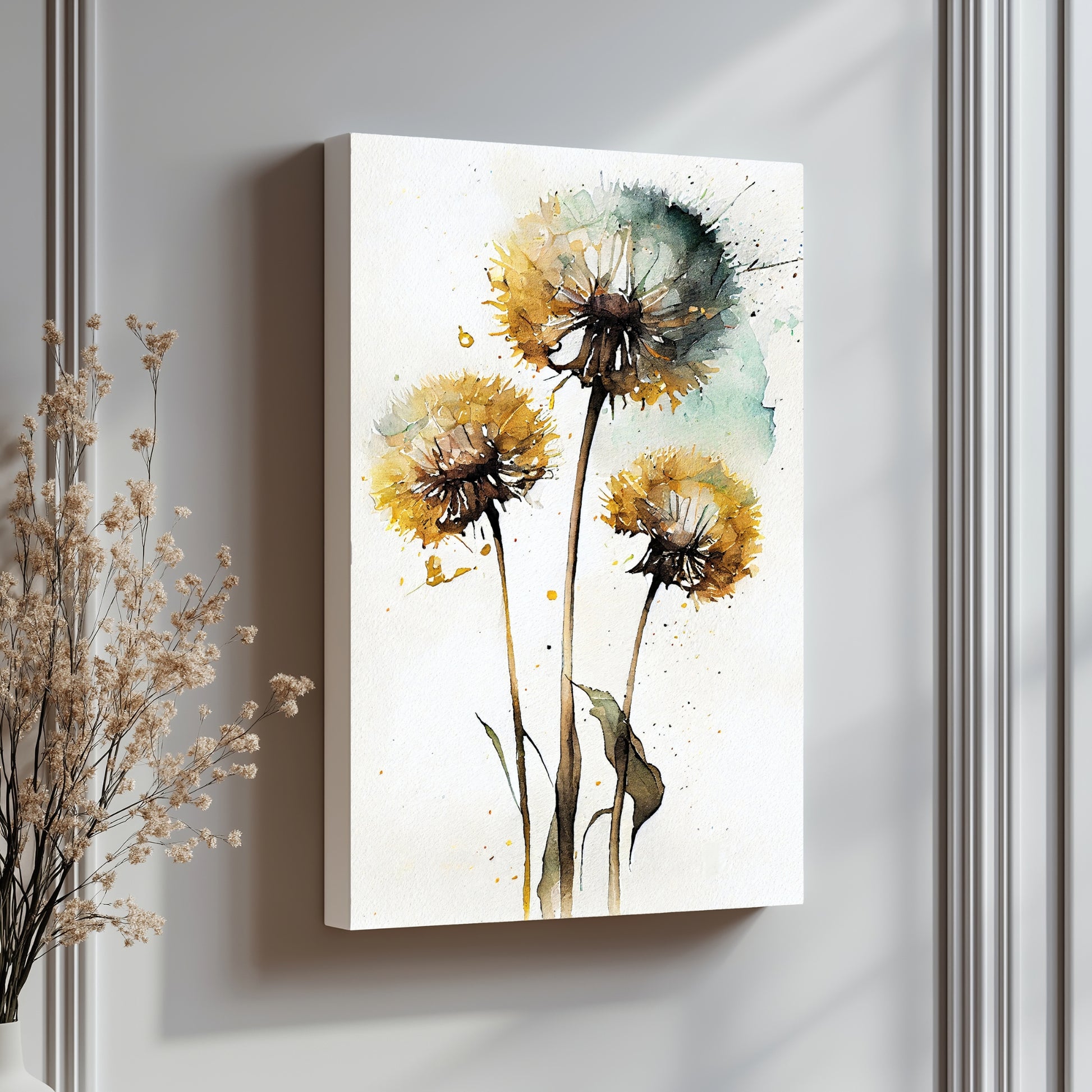 Dette kunstverket fanger den enkle skjønnheten til løvetann gjennom en drømmende akvarellstil med delikate detaljer og varme gule og grønne toner. Illustrasjon viser motivet på lerret.