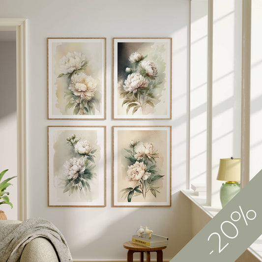 Skap et botanisk blikkfang med Akvarell Peoner Collection – et eksklusivt sett med fire harmoniske kunsttrykk i delikat akvarellstil