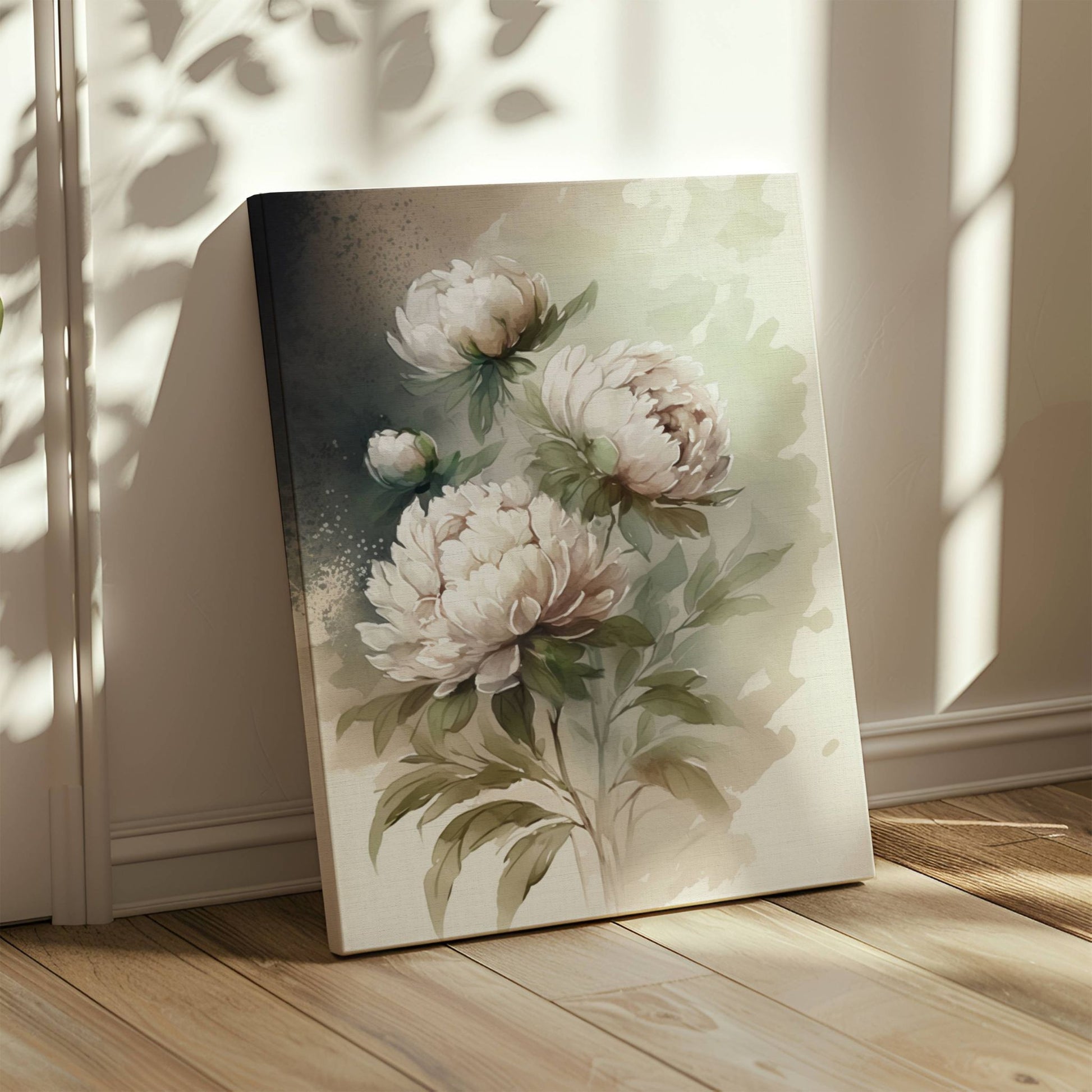 Dette blomstrende kunstverket fanger peonens frodighet og eleganse i et uttrykksfullt fargespill, med kontraster mellom mørk og lys bakgrunn. Illustrasjon viser motivet på lerret.