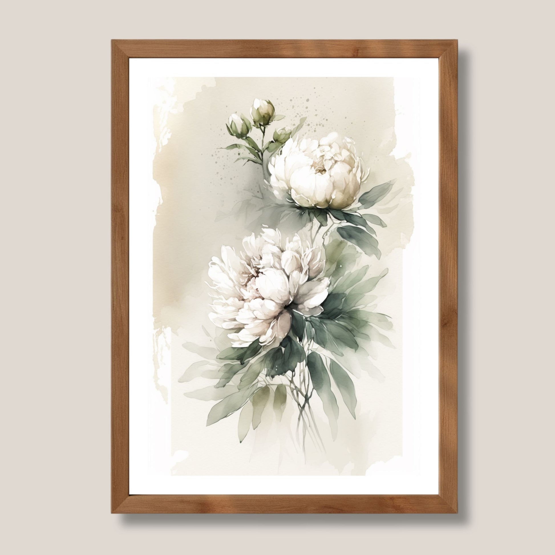 Akvarell Peonprakt No3 er et sart og detaljrikt blomsterbilde som kombinerer klassisk botanikk med moderne akvarellteknikk. Illustrasjon viser motivet som plakat med hvit kantlinje i eik ramme.